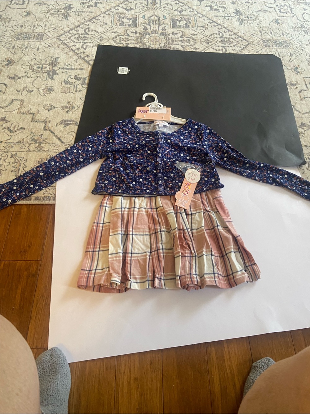 Kensie Floral Top with Plaid Skirt Dress in Navy and Pink